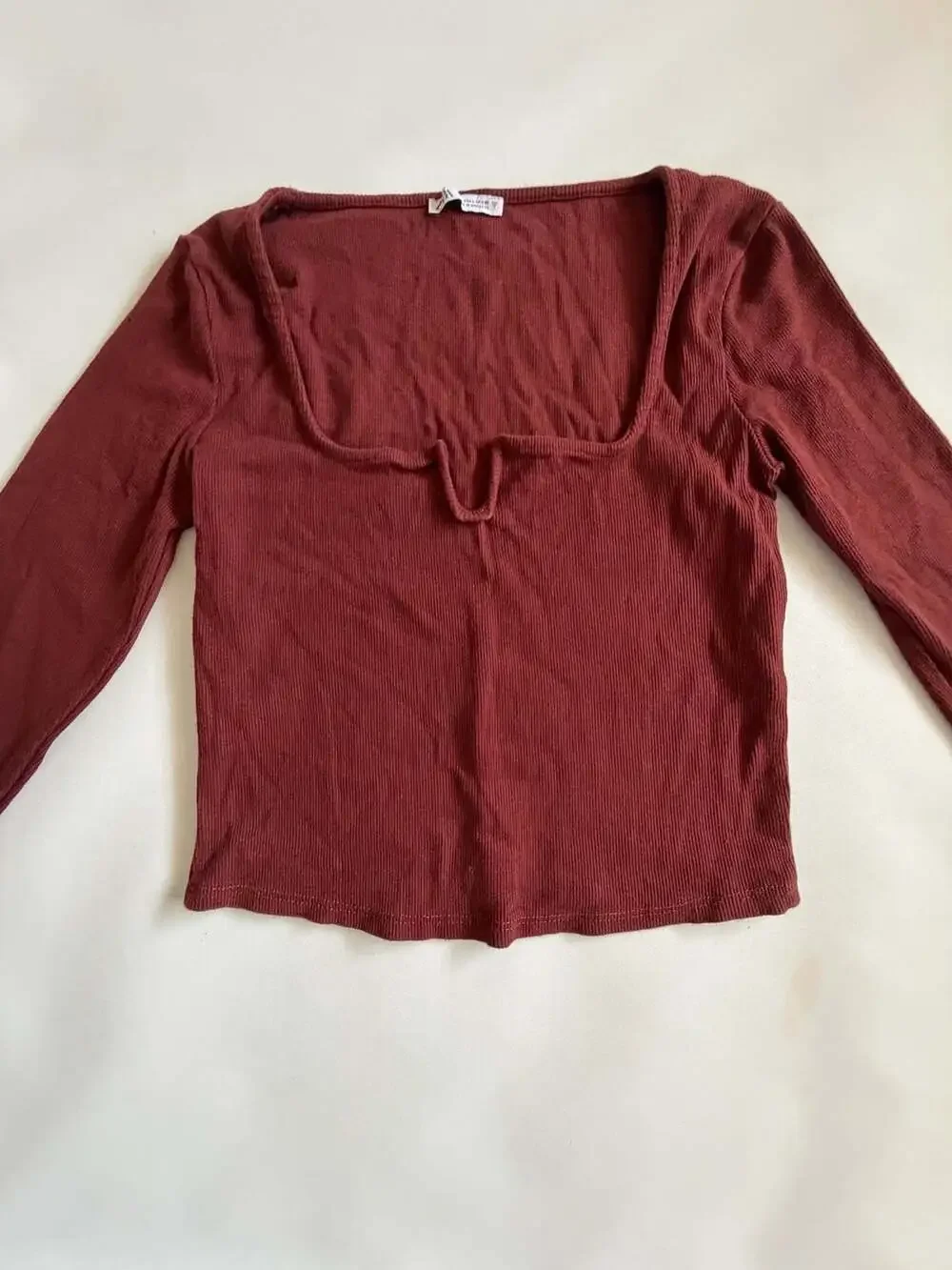 Zara Top L Burgundy Ribbed Square Neck Notch Long Sleeve Crop